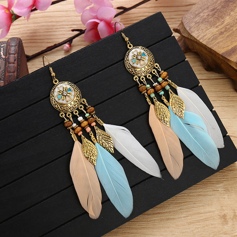 Bohemian Carved Feather Tassel Earrings