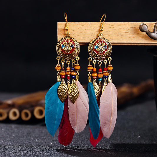 Bohemian Carved Feather Tassel Earrings