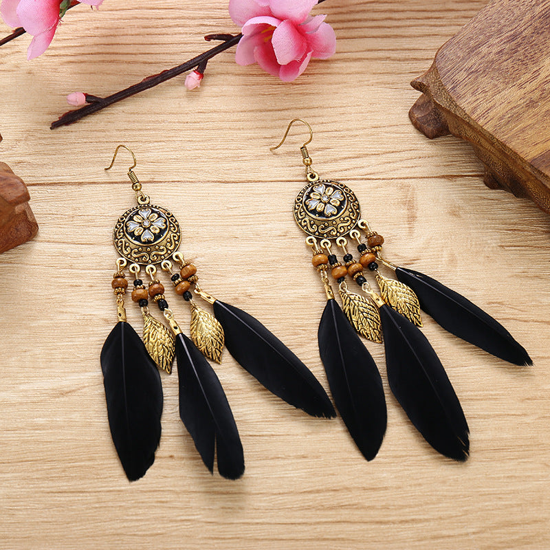 Bohemian Carved Feather Tassel Earrings