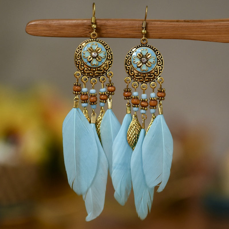 Bohemian Carved Feather Tassel Earrings