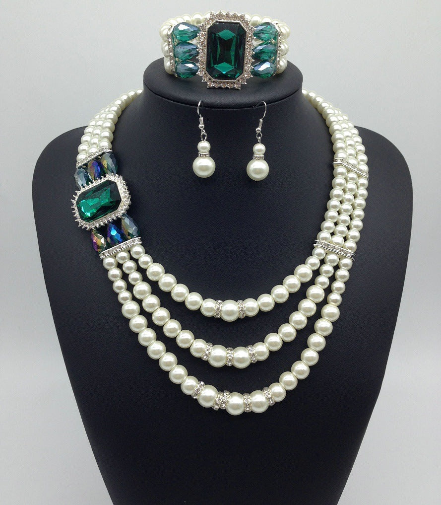 European Diamond Gemstone Pearl Jewelry Set