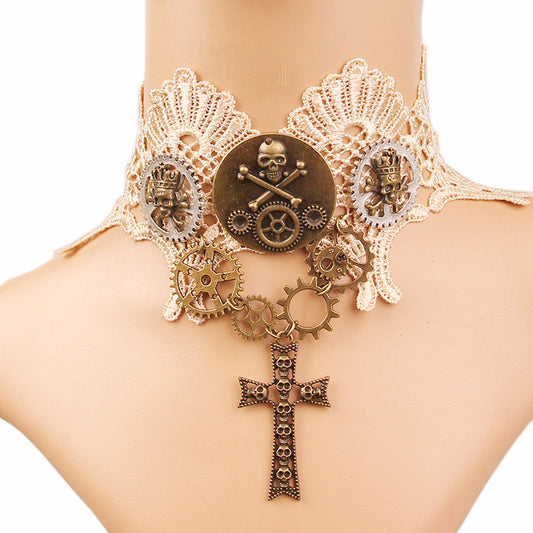 Steampunk Gear Necklace, Skull Choker Halloween