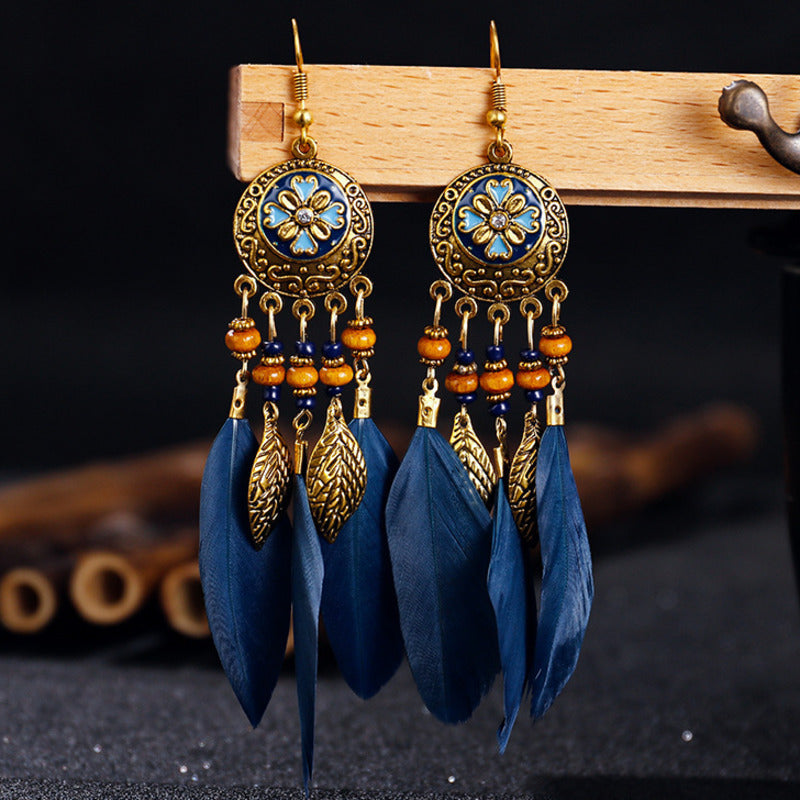 Bohemian Carved Feather Tassel Earrings