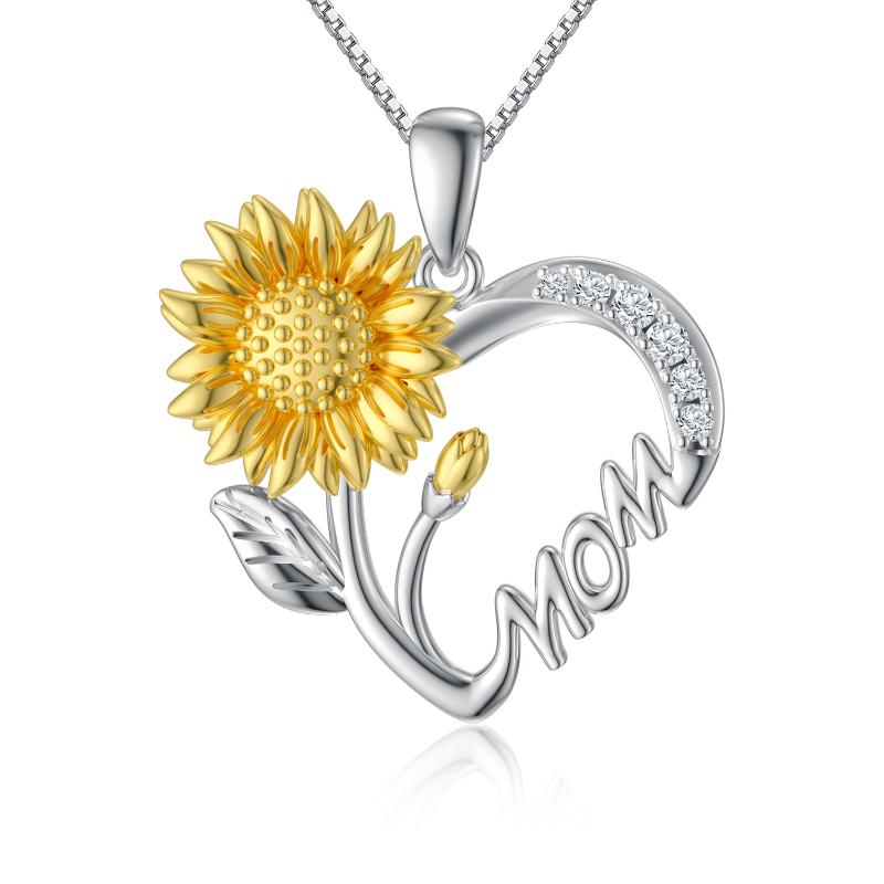 Sunflower Silver Heart Mom Necklace