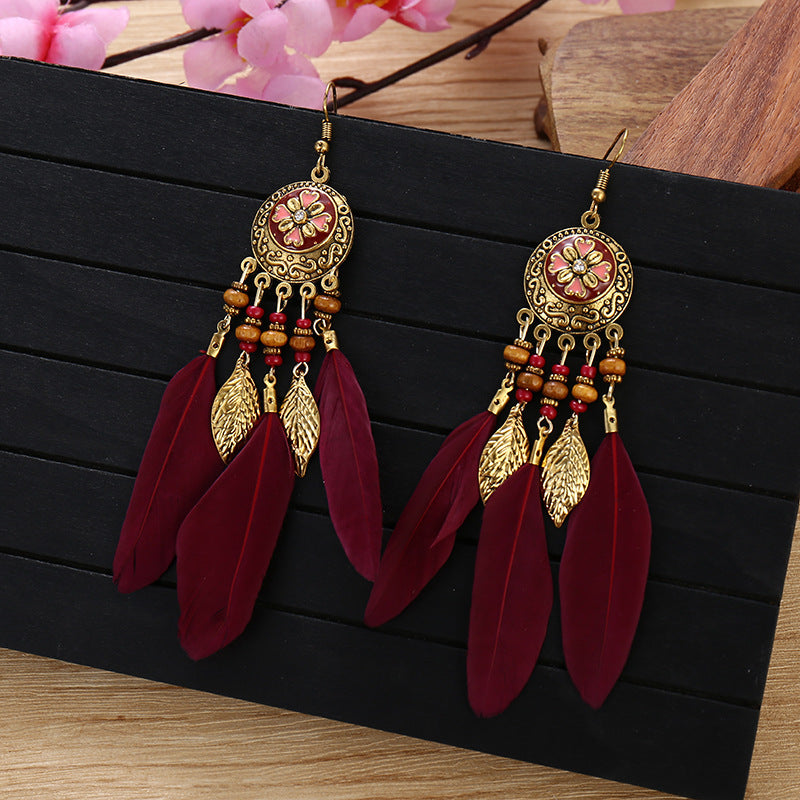 Bohemian Carved Feather Tassel Earrings