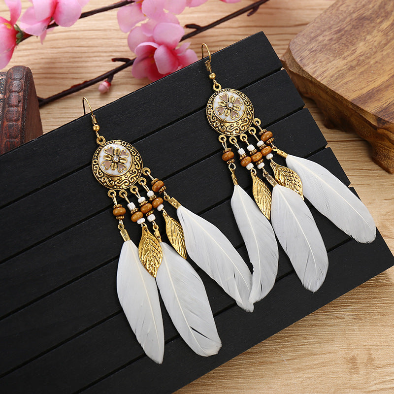 Bohemian Carved Feather Tassel Earrings