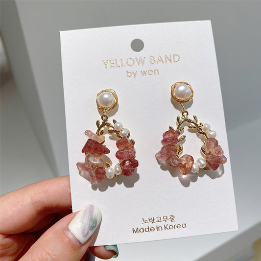 Pearl Super Fairy Crystal Net Red Leaf Design Earrings