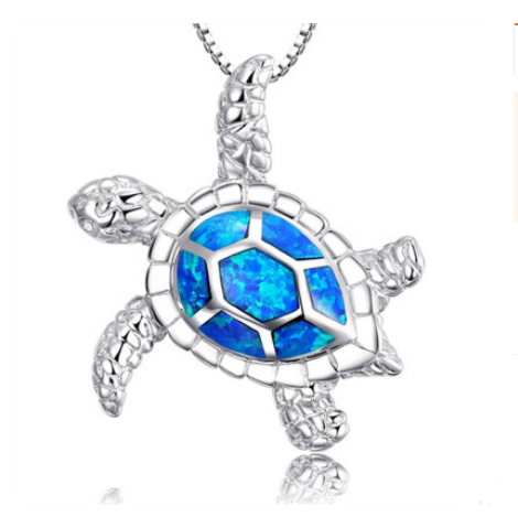 Silver Filled Blue Opal Sea Turtle Pendant Necklace