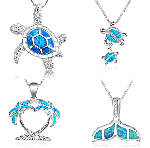 Silver Filled Blue Opal Sea Turtle Pendant Necklace