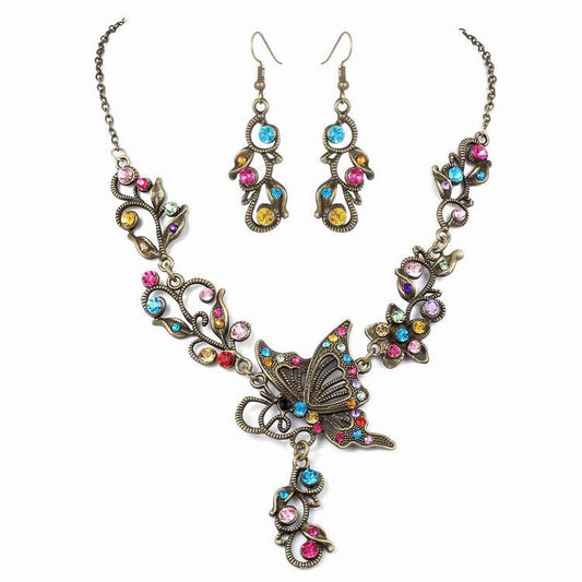 Spring Diamond Butterfly Flower Earrings & Necklace Jewelry Set