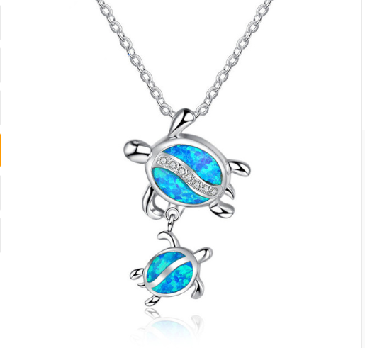 Silver Filled Blue Opal Sea Turtle Pendant Necklace