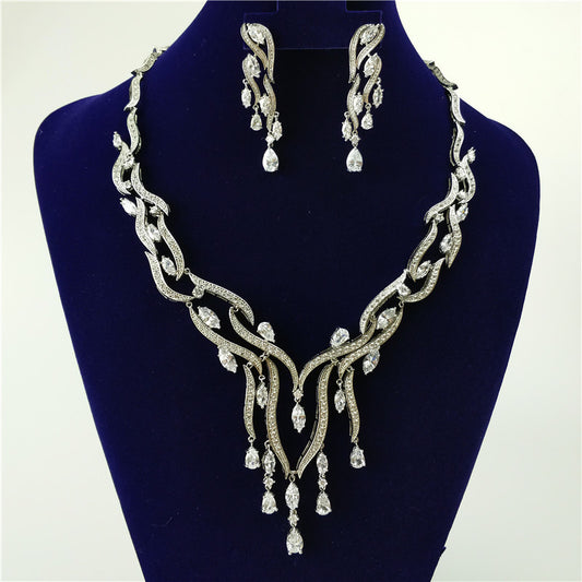 Zircon Vine Drop Necklace & Earring Jewelry Set