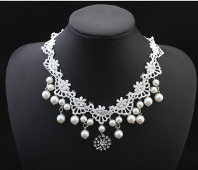 European Elegant Lace and Pearl Necklace, with Two Pearl Earrings