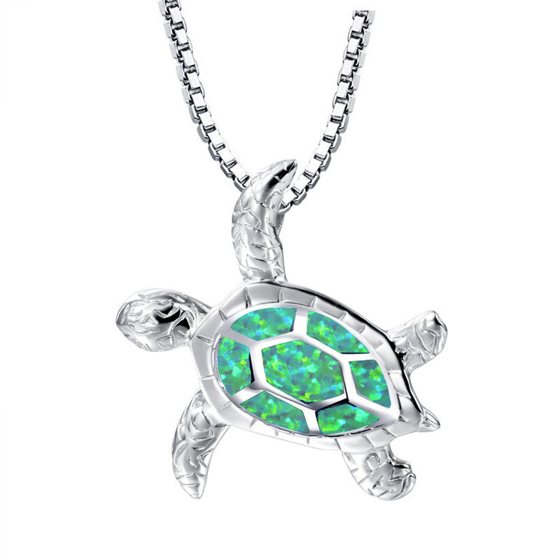 Silver Filled Blue Opal Sea Turtle Pendant Necklace