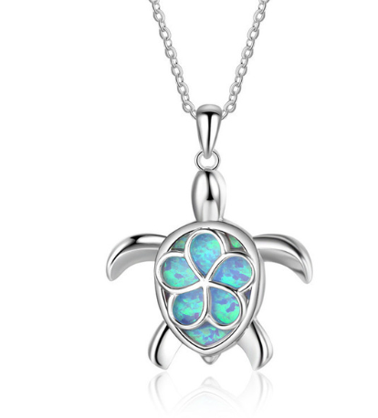 Silver Filled Blue Opal Sea Turtle Pendant Necklace