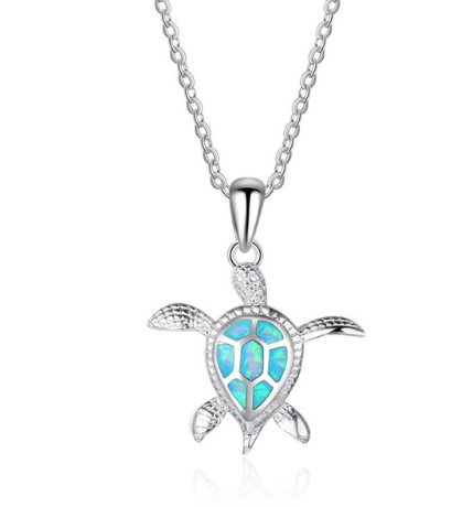 Silver Filled Blue Opal Sea Turtle Pendant Necklace